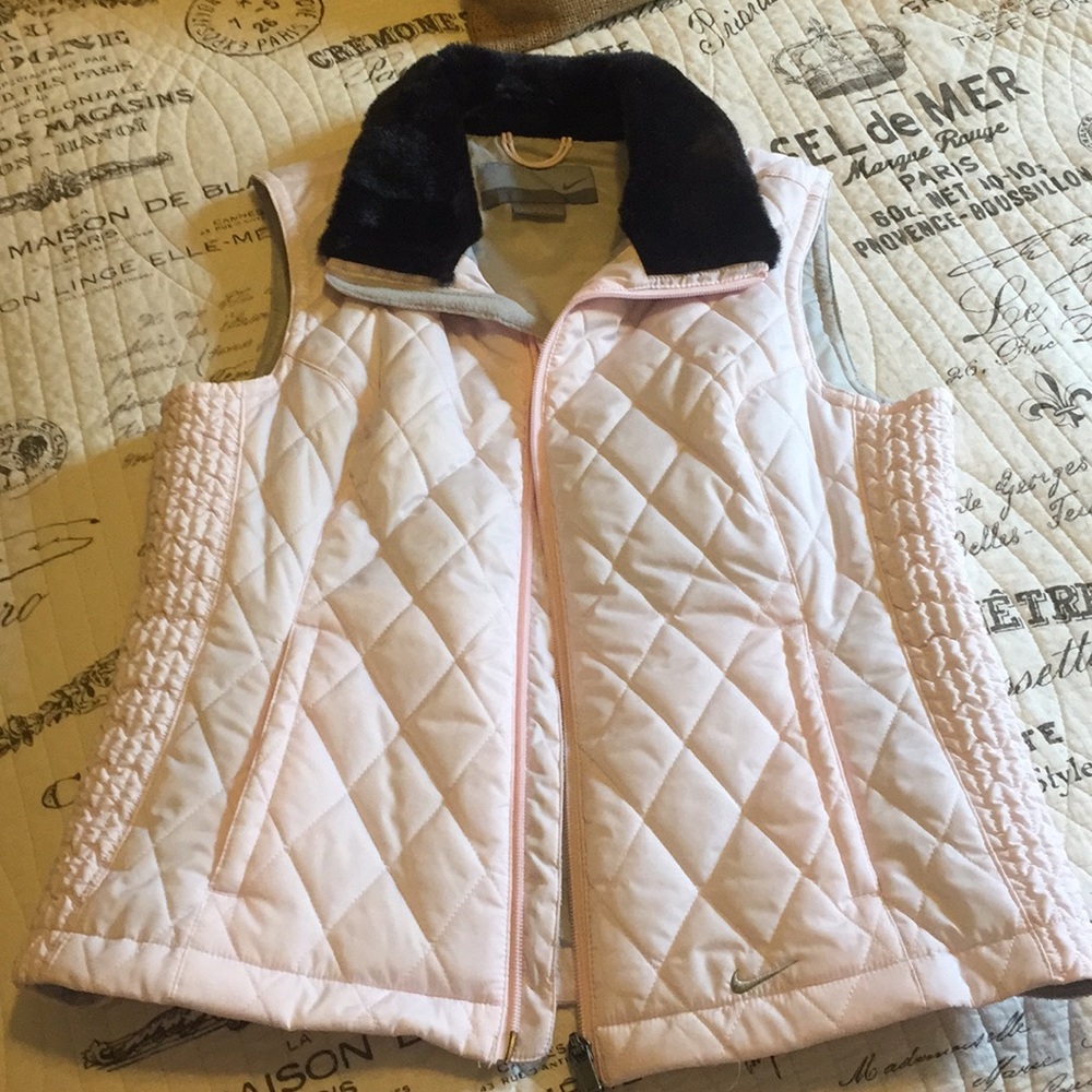 Pink with Black Faux Fur Collar Nike Puffer Vest